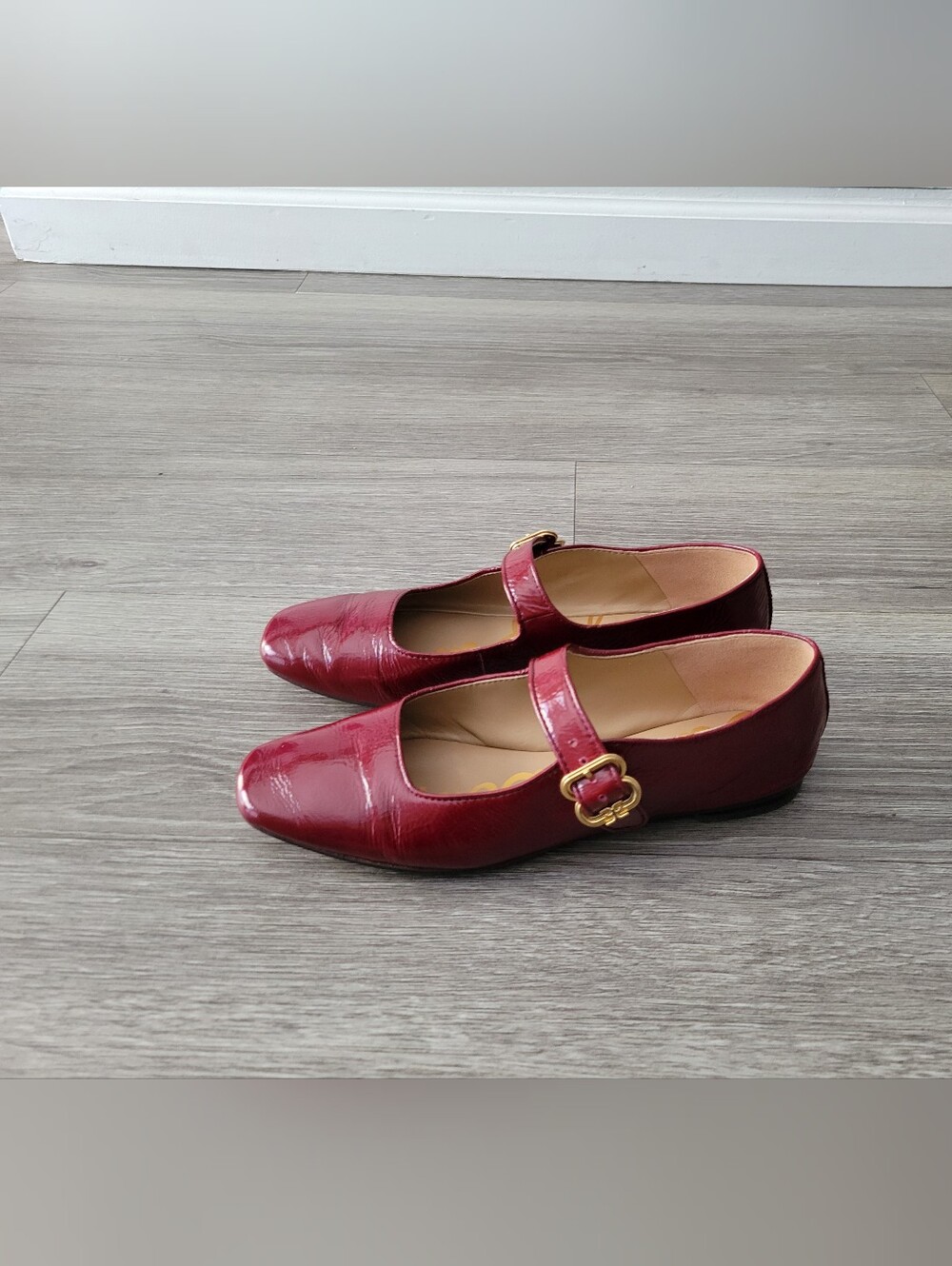 Sam Edelman French Merlot Leather Mary Jane Square Toe Flats with Gold Buckle 8